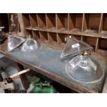 Set of four glass Holophane shades { 25.4 cm W }.