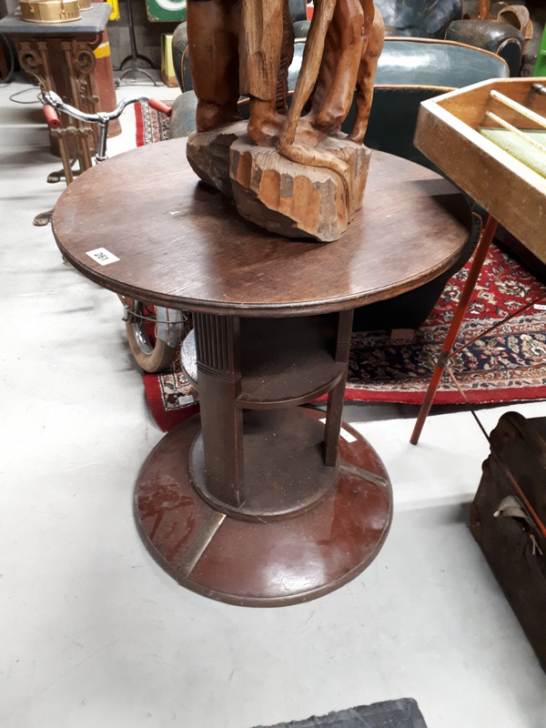 Unusual Art and Crafts oak table with inset leather and copper base.