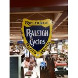 Reliable RALEIGH CYCLES Rigid Rapid shield shaped enamel double sided advertising sign.