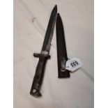 19th. C. short blade bayonet with metal scabbard.