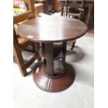 Rare English made 1930s oak centre table with inset leather panels on brass base.