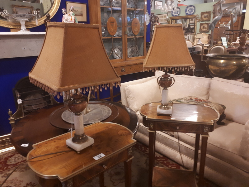 Pair of decorative brass and onyx bedside lamps.