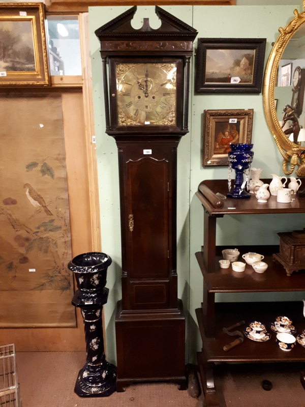Georgian Chippendale inlaid mahogany long cased clock with brass dial. { 230cm H }.