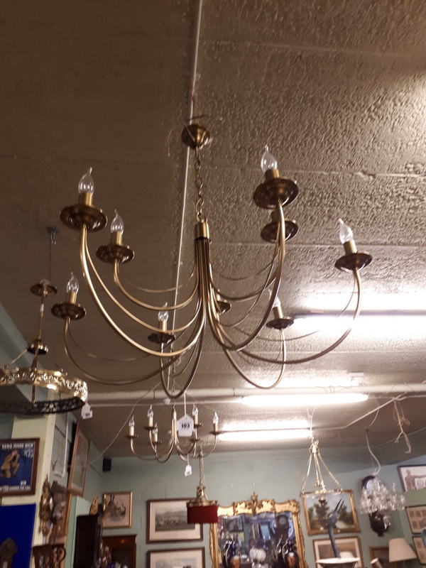 Brass six branch chandelier.