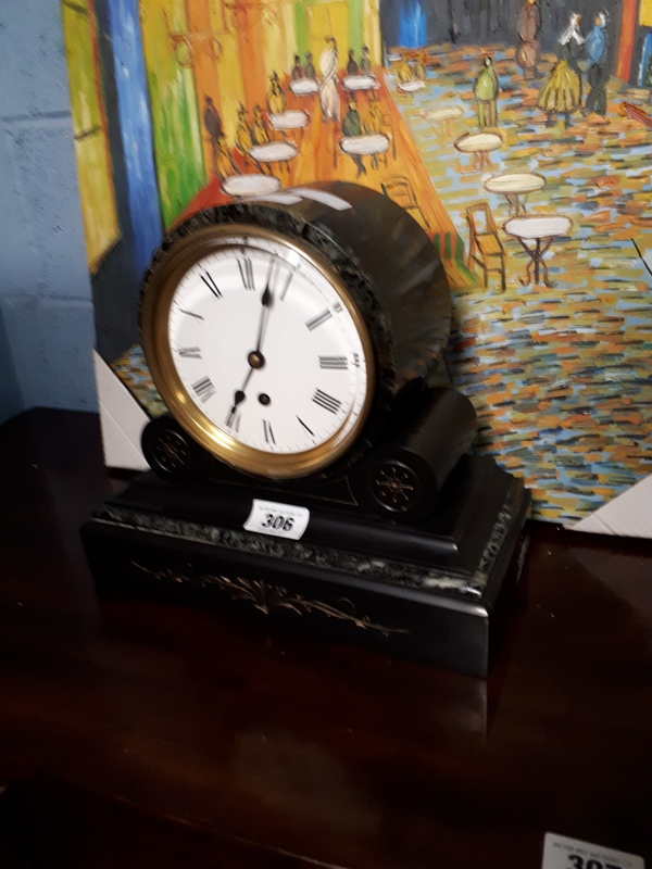 Victorian slate and marble drumhead clock. { pendulum in office }.