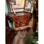 Japanese lacquered side cabinet with three drawers raised on cabriole legs .