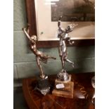 Art Deco style chrome figurine mounted on a marble base and Art Deco style figurine of a Dancing