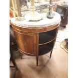 18th C. mahogany demi-lune cabinet with marble top {87cm H x 78cm W x 41cm D}.