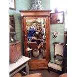 19th C. pitch pine single mirrored door wardrobe.