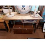 Rare 19th C. painted pine desk with scrubbed top and single draw in the freeze.