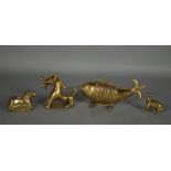 Quattro piccole sculture in bronzo dorato raff. ''PESCE, BUFALO, DROMEDARIO E CANE FANTASTICO''.