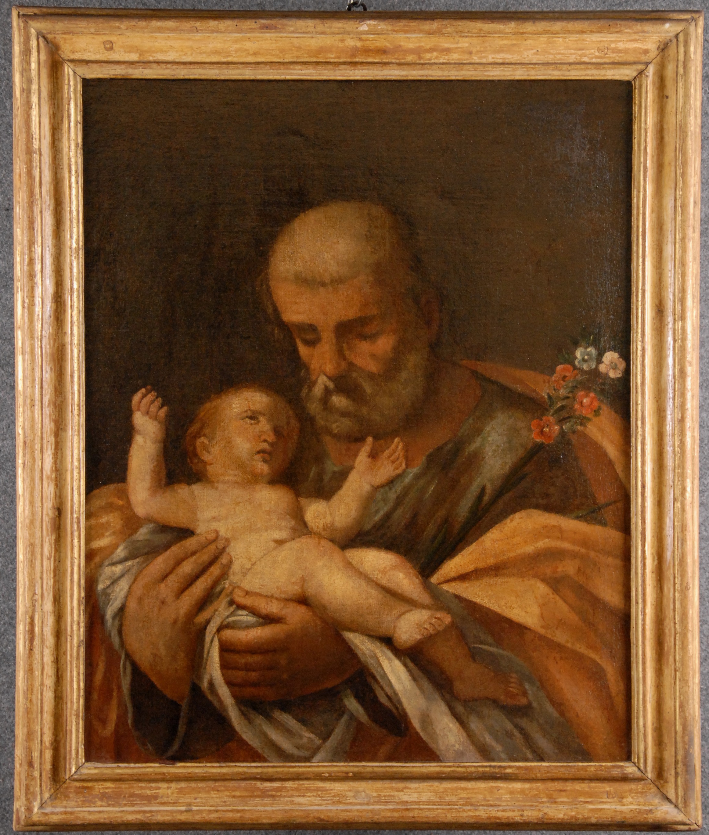 Dipinto olio su tela raff. ''SAN GIUSEPPE CON BAMBINO''. Fine XVII secolo. In cornice. Difetti,