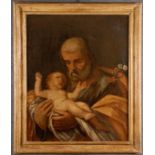 Dipinto olio su tela raff. ''SAN GIUSEPPE CON BAMBINO''. Fine XVII secolo. In cornice. Difetti,