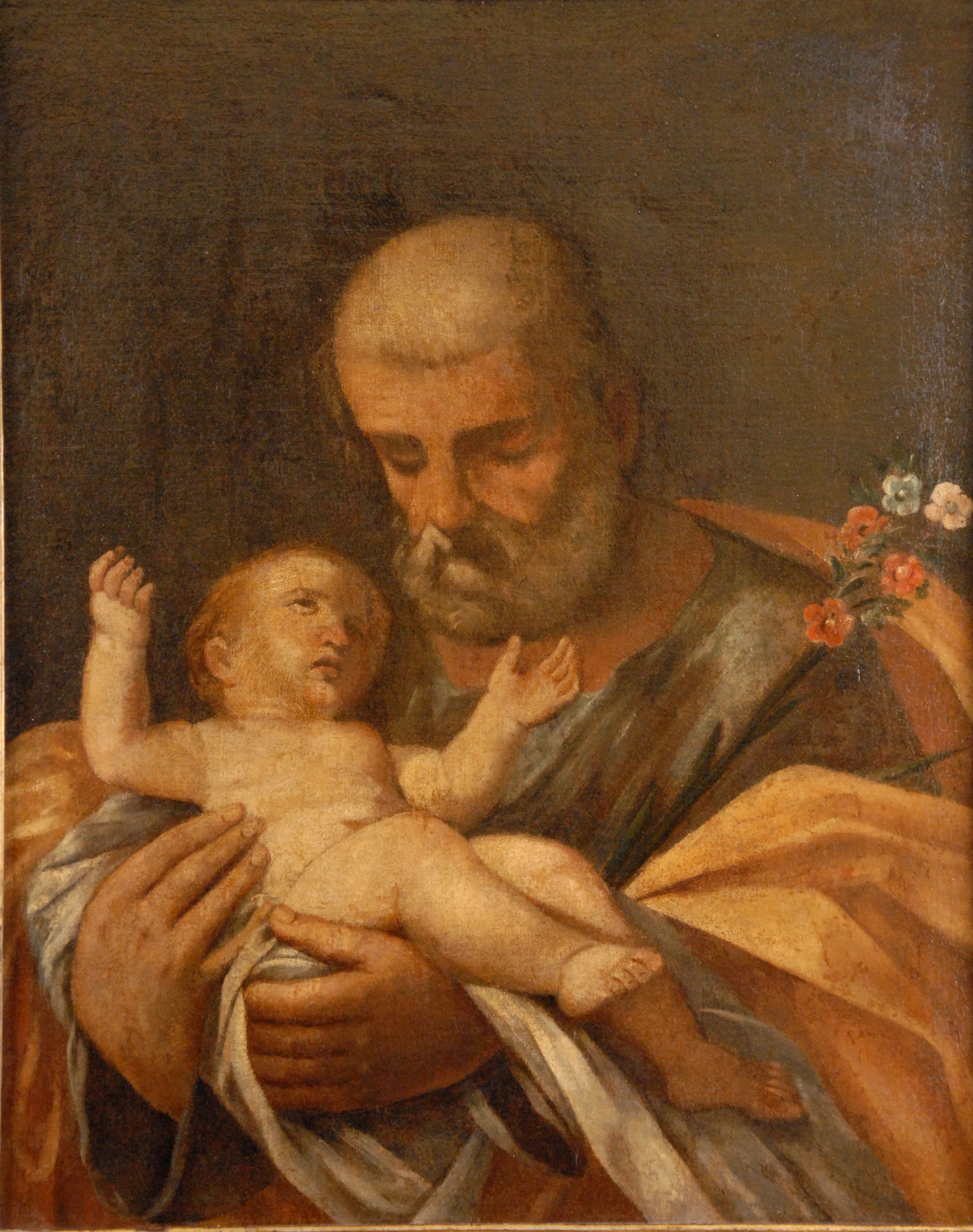 Dipinto olio su tela raff. ''SAN GIUSEPPE CON BAMBINO''. Fine XVII secolo. In cornice. Difetti, - Image 2 of 2