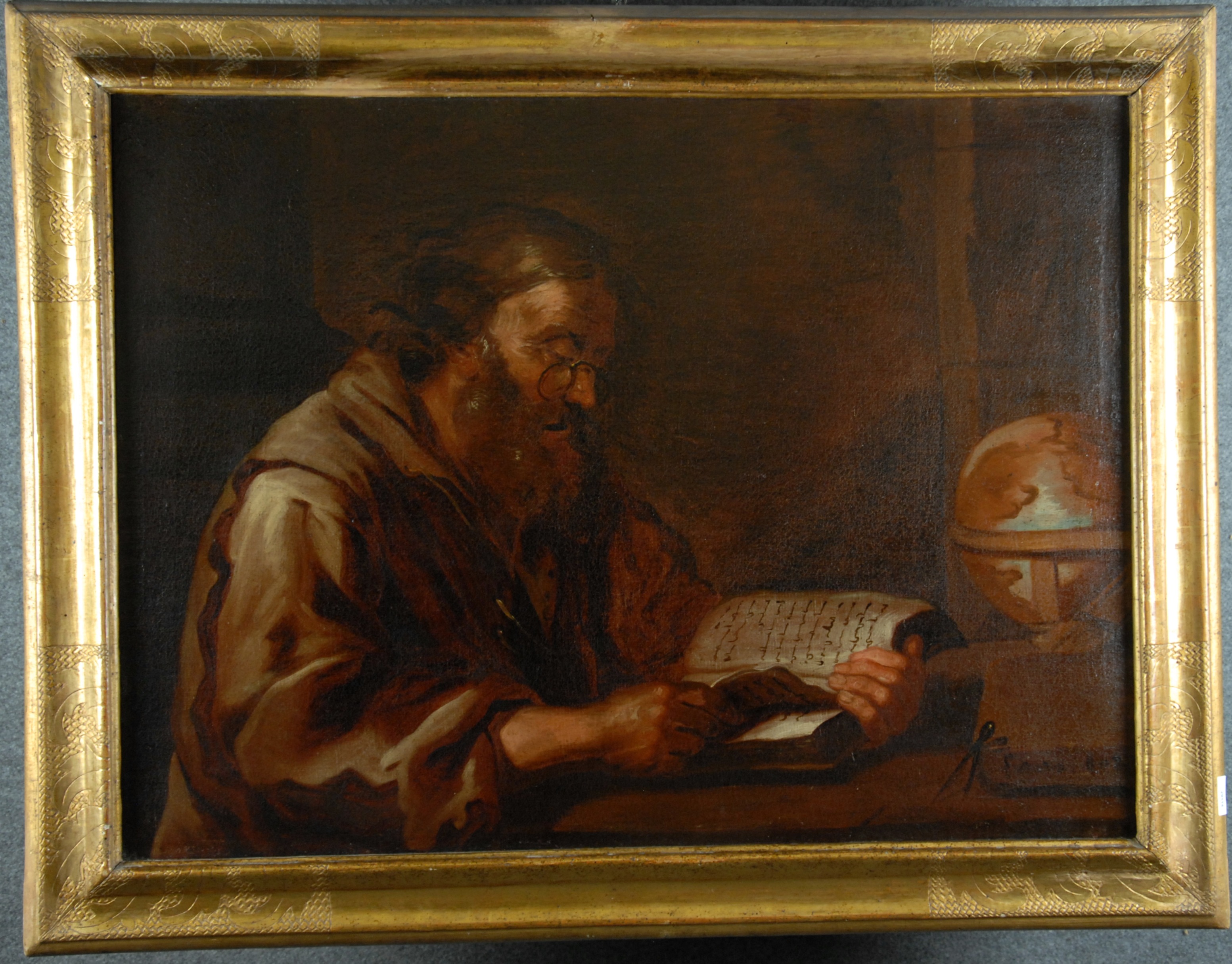 Dipinto olio su tela raff. ''STUDIOSO''. Firma non identificata in basso a destra. XVII secolo. In