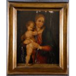 Dipinto olio su tavola raff. ''MADONNA CON BAMBINO''. XVII secolo. In cornice. Difetti e restauri.