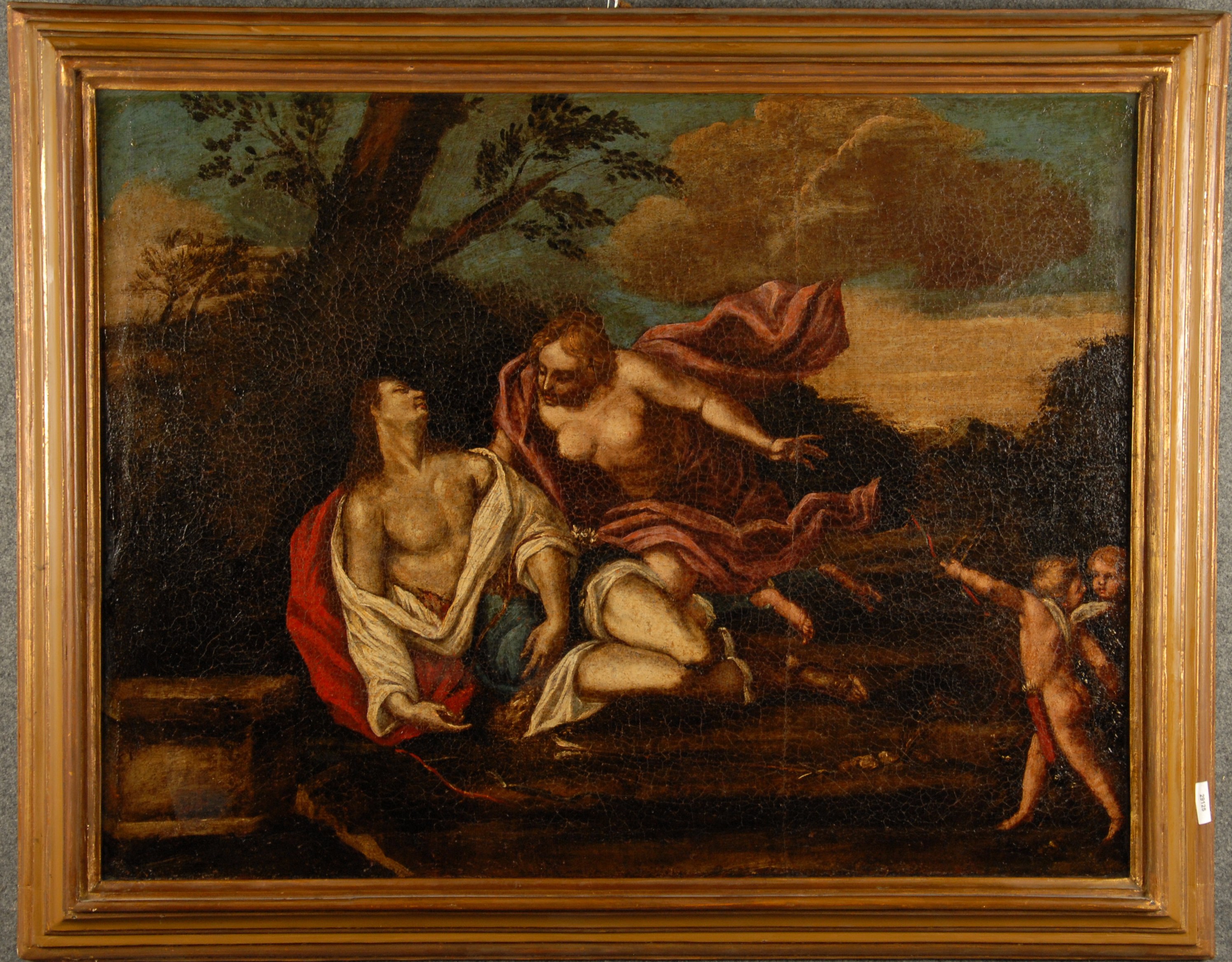 Dipinto olio su tela raff. ''VENERE E ADONE''. XVII secolo. In cornice. Difetti, rintelo e restauri.