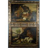 Due dipinti olio su tela raff. ''PAESAGGIO CON CAPITELLO, ANIMALI E FRUTTA'' e ''CANE CON