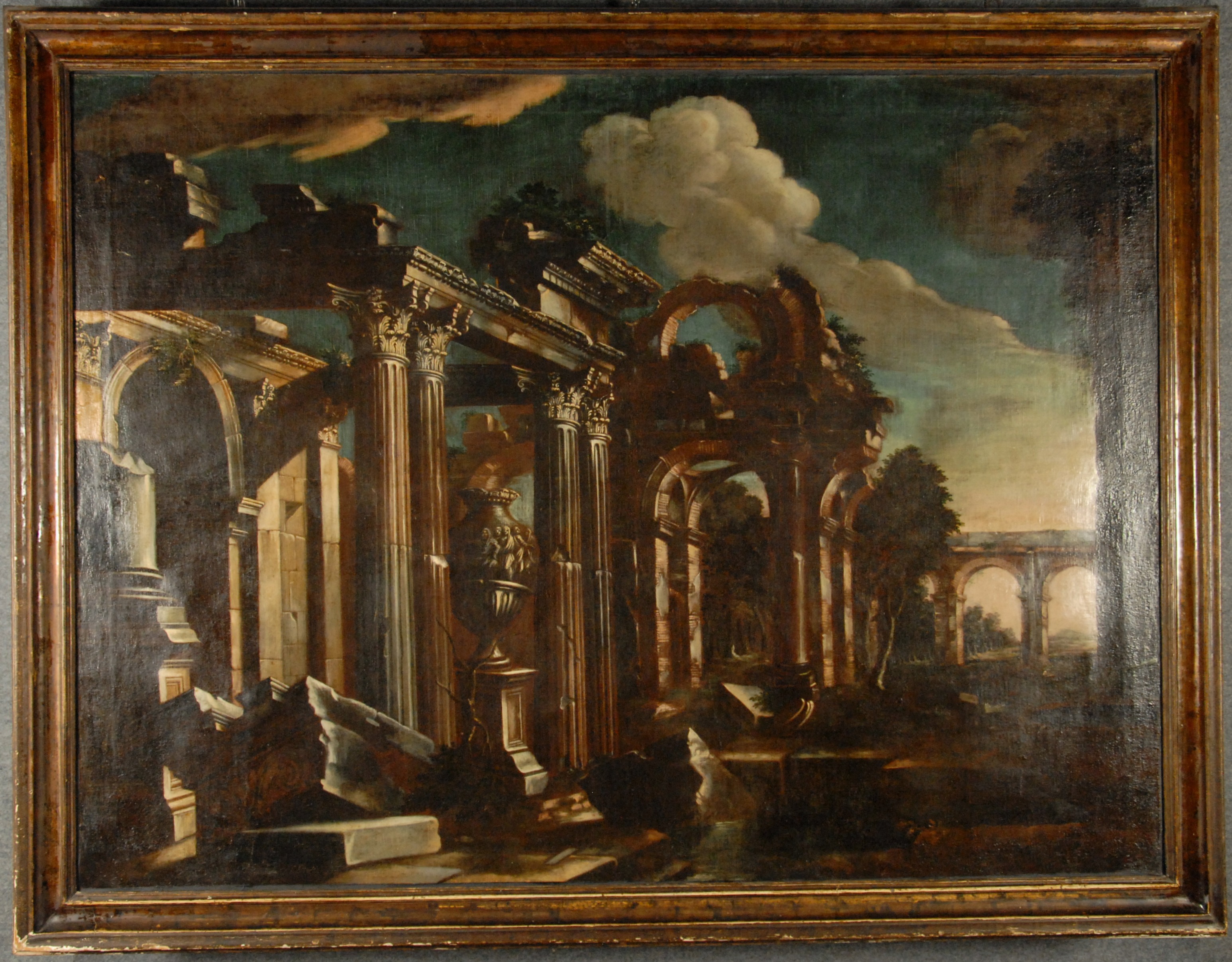 Dipinto olio su tela raff. ''PAESAGGIO CON ROVINE''. XVII secolo. In cornice. Difetti, rintelo e