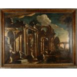 Dipinto olio su tela raff. ''PAESAGGIO CON ROVINE''. XVII secolo. In cornice. Difetti, rintelo e