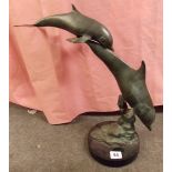 BRONZE PATINATED PAIR OF LEAPING DOLPHINS SCULPTURE ON CIRCULAR BASE 45CM H