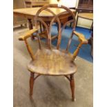 19TH CENTURY ELM THAMES VALLEY WINDSOR CHAIR IN STYLE OF PRYOR WITH LATTICE HOOPED BACK AND