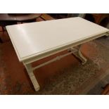 WHITE PAINTED VICTORIAN STYLE CENTRE TABLE ON TRESTLE ENDS WITH POLE STRETCHER