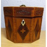 GEORGE III SATINWOOD OCTAGONAL TEA CADDY BOX -CROSSBANDED AND INLAID WITH LOZENGE DECORATION 10CM H