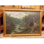 19TH CENTURY ENGLISH SCHOOL OIL ON CANVAS - JOSEPH YURNOLD SIGNED AND DATED 1883 - RIVER LANDSCAPE