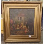 19TH CENTURY OIL ON CANVAS LAID ON BOARD NAIVE SCHOOL A FAMILY GATHERING FRAMED 35X42CM