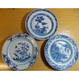 THREE I8TH CENTURY CHINESE BLUE AND WHITE PLATES 22CM DIA