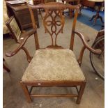 GEORGE III PROVINCIAL OAK ELBOW CHAIR WITH PIECED VASE SHAPE SPLAT AND DROP IN SEAT