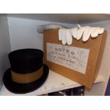 BATES OF LONDON TOP HAT SIZE 71/8 AND TWO PAIRS OF WHITE GLOVES