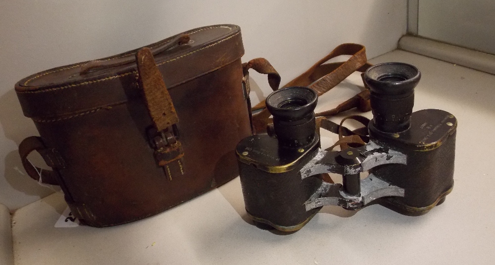 PAIR OF WATSON AND SONS MILITARY BINOCULARS IN LEATHER CASE