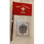 NEEDLEPOINT AND SILK 1948 WALES V ENGLAND RFU FLAG BEARING SIGNATURES