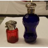 BRISTOL BLUE AND RUBY GLASS SILVER TOPPED BOTTLES