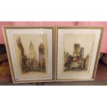 AFTER EDWARD W SHARLAND(1884-1967) NOTRE DAME AND ANOTHER TINTED ENGRAVINGS SGD AND INSCRIBED IN