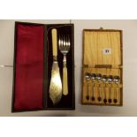 CASE OF SIX SILVER COFFEE BEAN SPOONS AND CASED EPNS BLADED FISH SERVERS