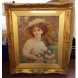 HERBERT BLANCHE SPARKS WATERCOLOUR OF AN EDWARDIAN LADY IN A BONNET GATHERING FLOWERS SIGNED,