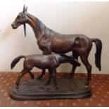 BRONZE ANIMALIER GROUP OF HORSE AND FOAL AFTER MENE ON OVAL BASE