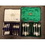 CASE OF LONDON SILVER TEA SPOONS AND SUGAR TONGS AND A CASE OF SIX SHEFFIELD SILVER SPOONS WITH