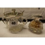 SILVER TOPPED SCENT BOTTLE AND SILVER LIDDED GLASS PRESERVE POT AND SPOON