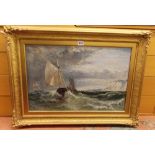 19TH CENTURY ENGLISH SCHOOL OIL ON CANVAS-BOATS IN CHOPPY SEAS OFF A HEADLAND-MONOGRAMMED LOWER