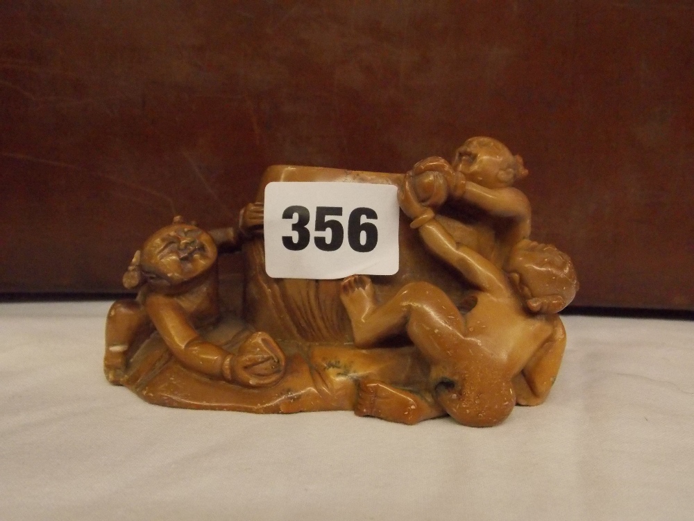 CHINESE SOAPSTONE CARVED LAUGHING BOYS POT