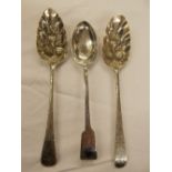 TWO GEORGEIII LONDON BERRY SPOONS AND A VICTORIAN ENGRAVED SPOON