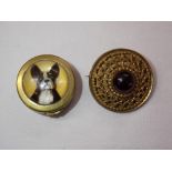 BASE METAL CIRCULAR BULLDOG PILL BOX AND CABOCHON FILIGREE ROUNDEL BROOCH