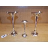 PAIR OF SILVER RIBBED FLARED TRUMPET SPILL VASES AND A SMALLER SPILL VASE