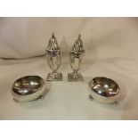 PAIR OF SILVER WRYTHEN PANEL OVOID CONDIMENTS AND LONDON SILVER CAULDRON SALT CELLARS