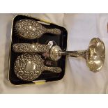 SILVER EMBOSSED BACK DRESSING TABLE REQUISITES AND A SILVER TRUMPET SPILL VASE