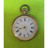 14K ENGRAVED GOLD CASED FOB WATCH WITH ENAMEL FACE